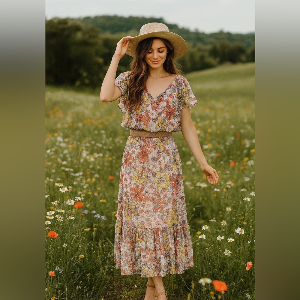 Chiffon floral print, gypsy dress, size 6